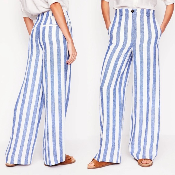 Boden Westbourne Linen Pants Blue Stripe wide leg size 4 career nautical preppy - Picture 1 of 10